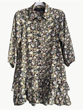 Code Mode Floral Button up Ruffle Tunic Dress Black, Cream Pink Yellow Flowers S